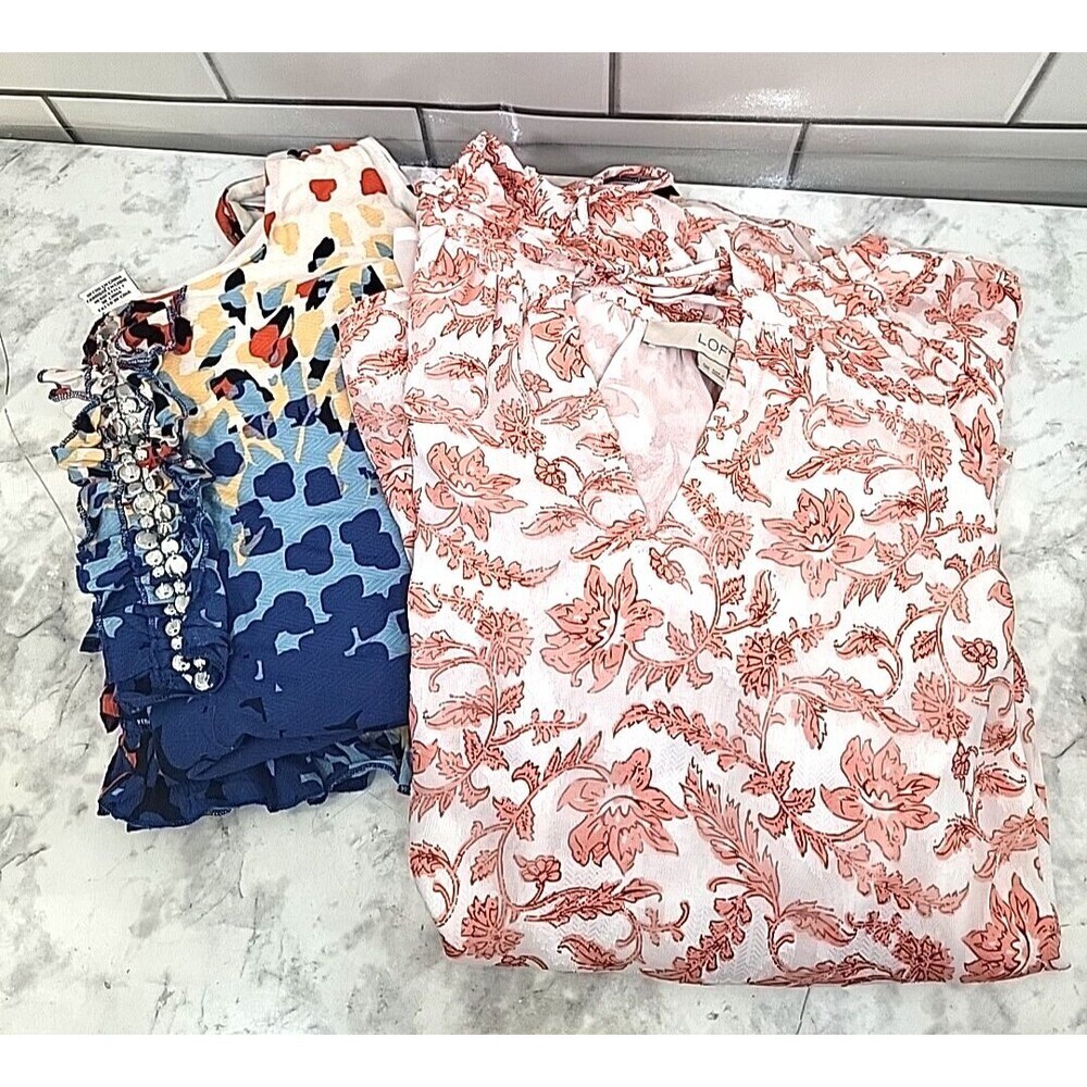 Kensie Sleeveless & LOFT Medium Geometric Top Shirt  Blouse Ruffles Artsy Boho